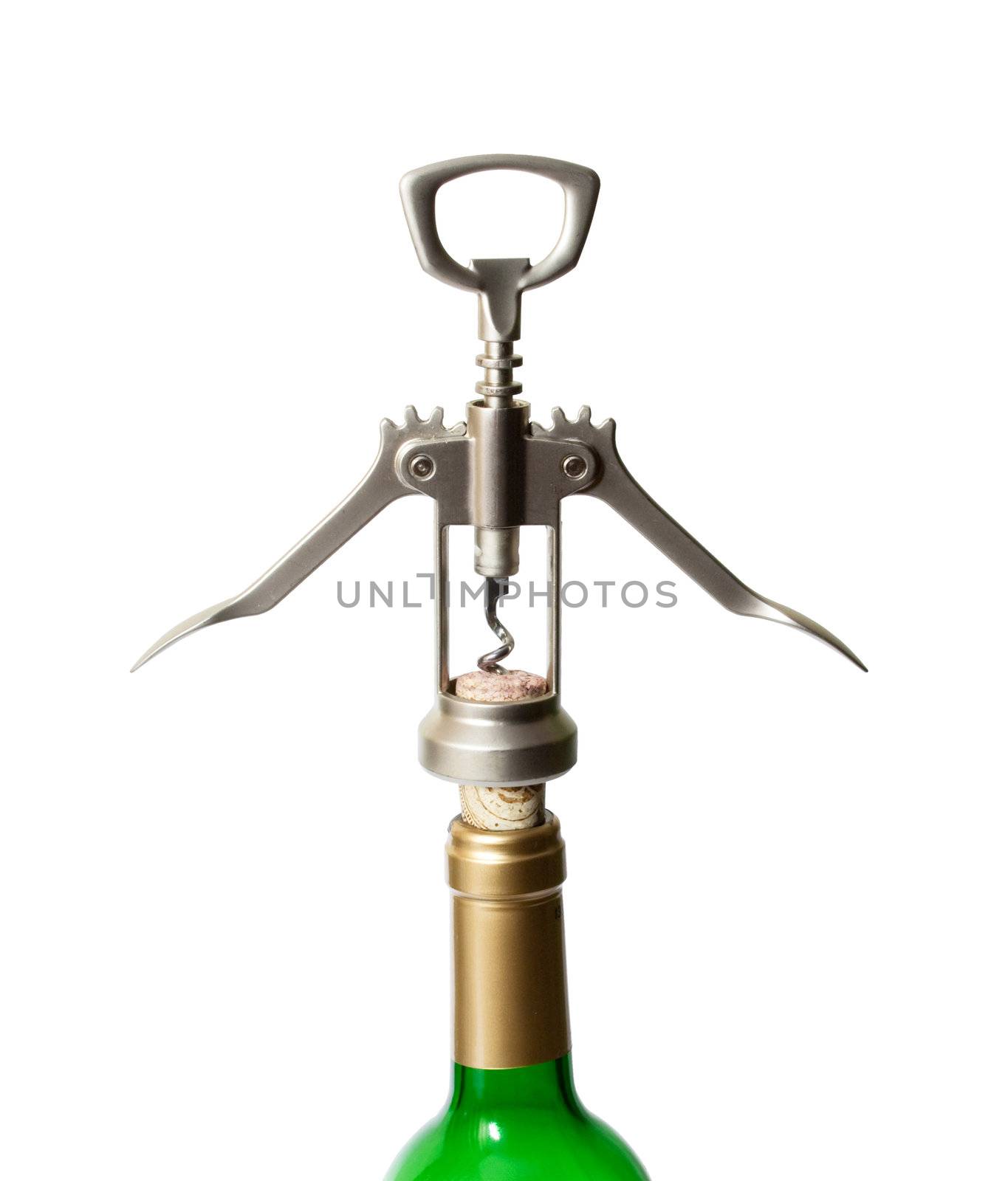 Corkscrew with extracted cork and a bottleneck isolated on white