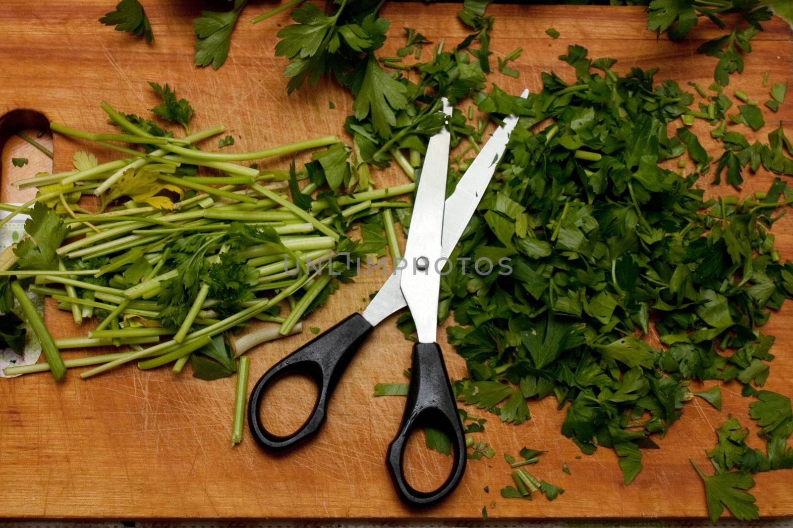 Cutted parsley on a board