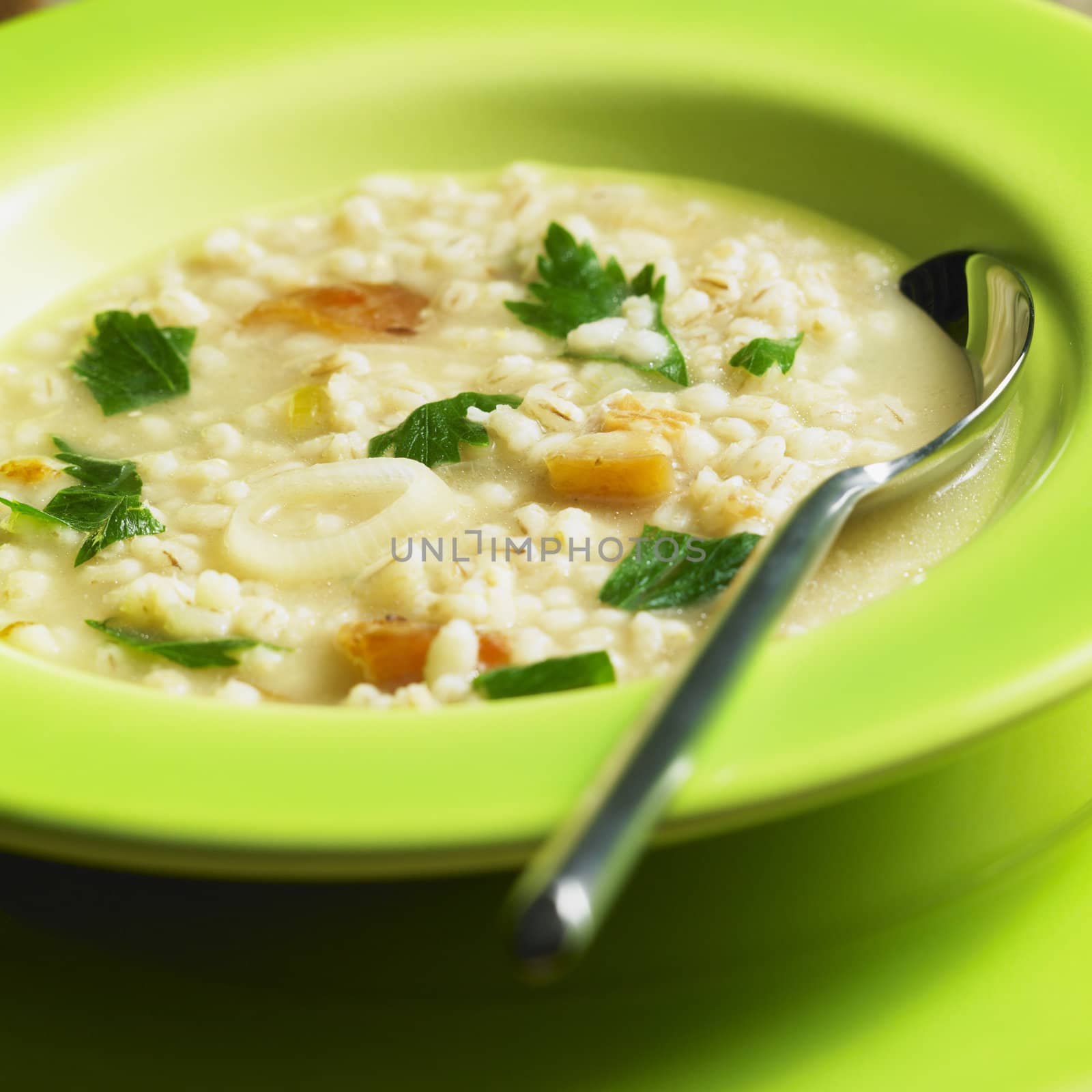 pot barley soup with pork meat pieces by phbcz