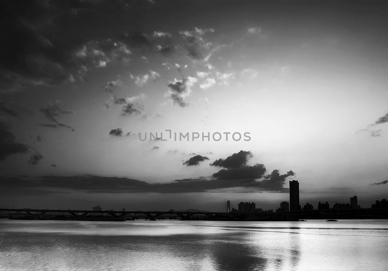 Taipei cityscape with beautiful sunset and river.