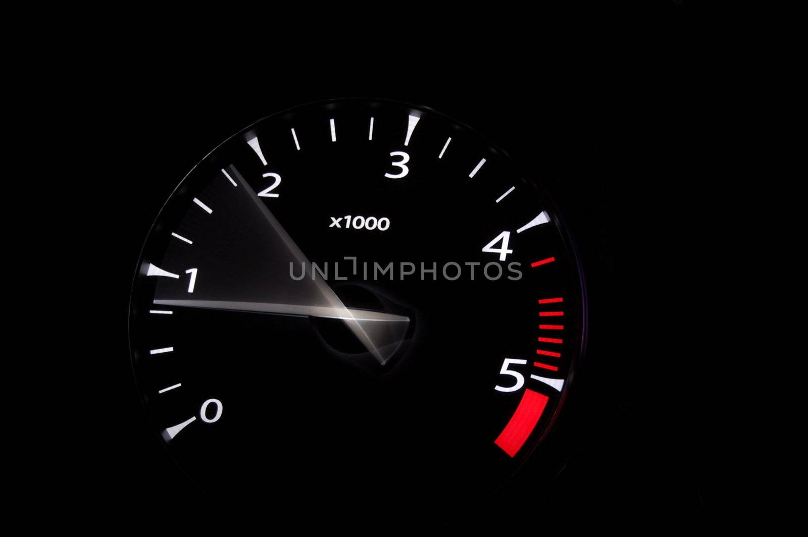 moving revs meter of a sports car on a black background.