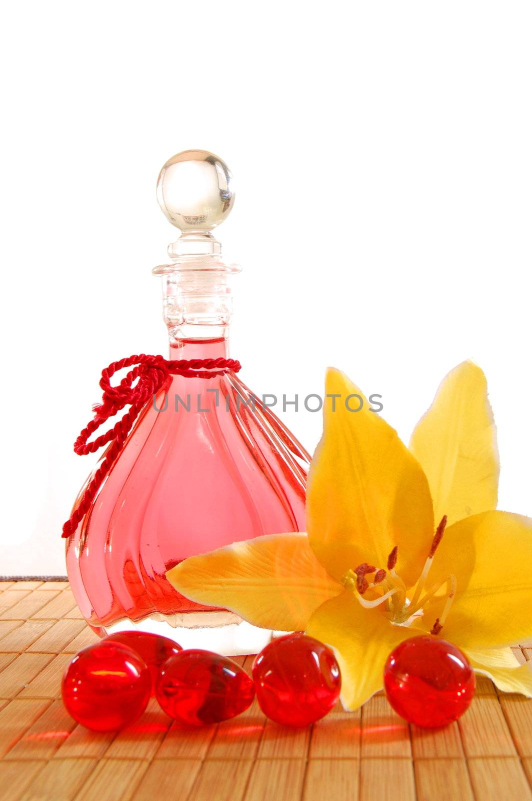 bottle of massage oil showing concept of spa and relaxation
