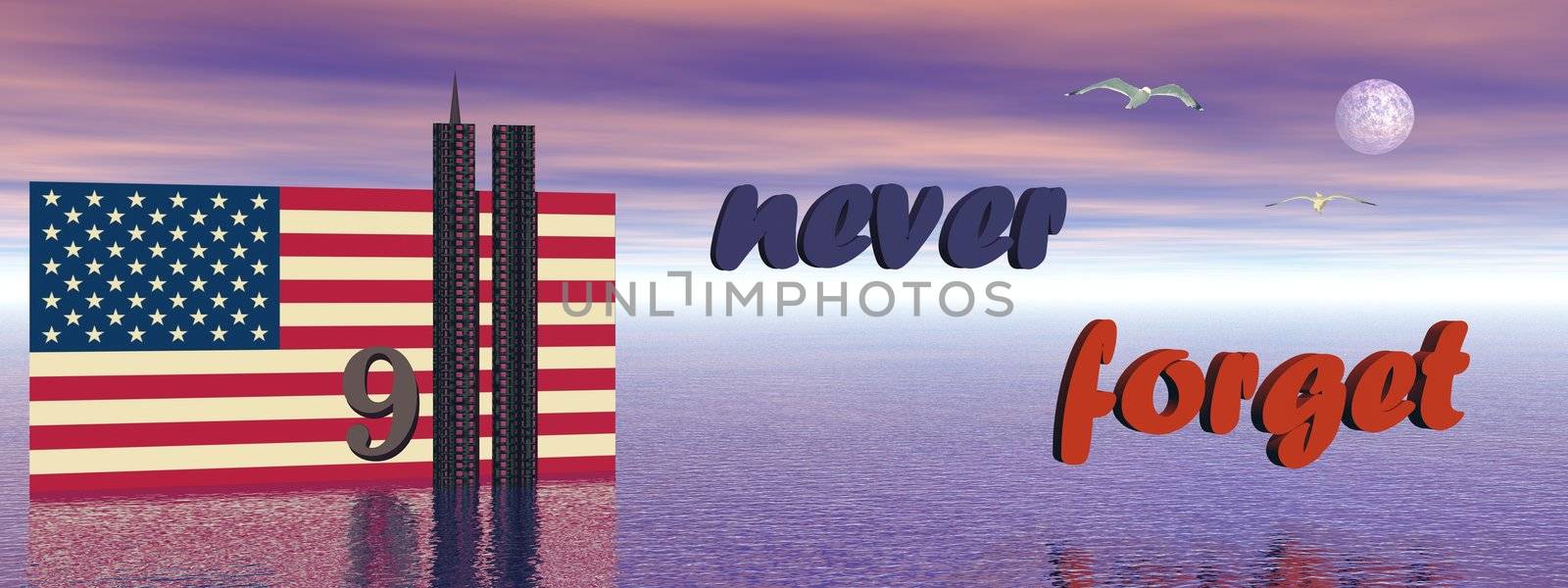 USA flag and World Trade Center twin tower buildings 3D illustration to never forget