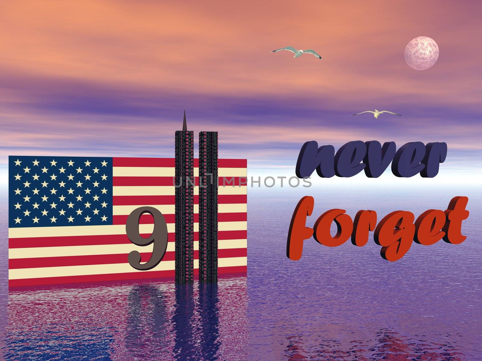 USA flag and World Trade Center twin tower buildings 3D illustration to never forget