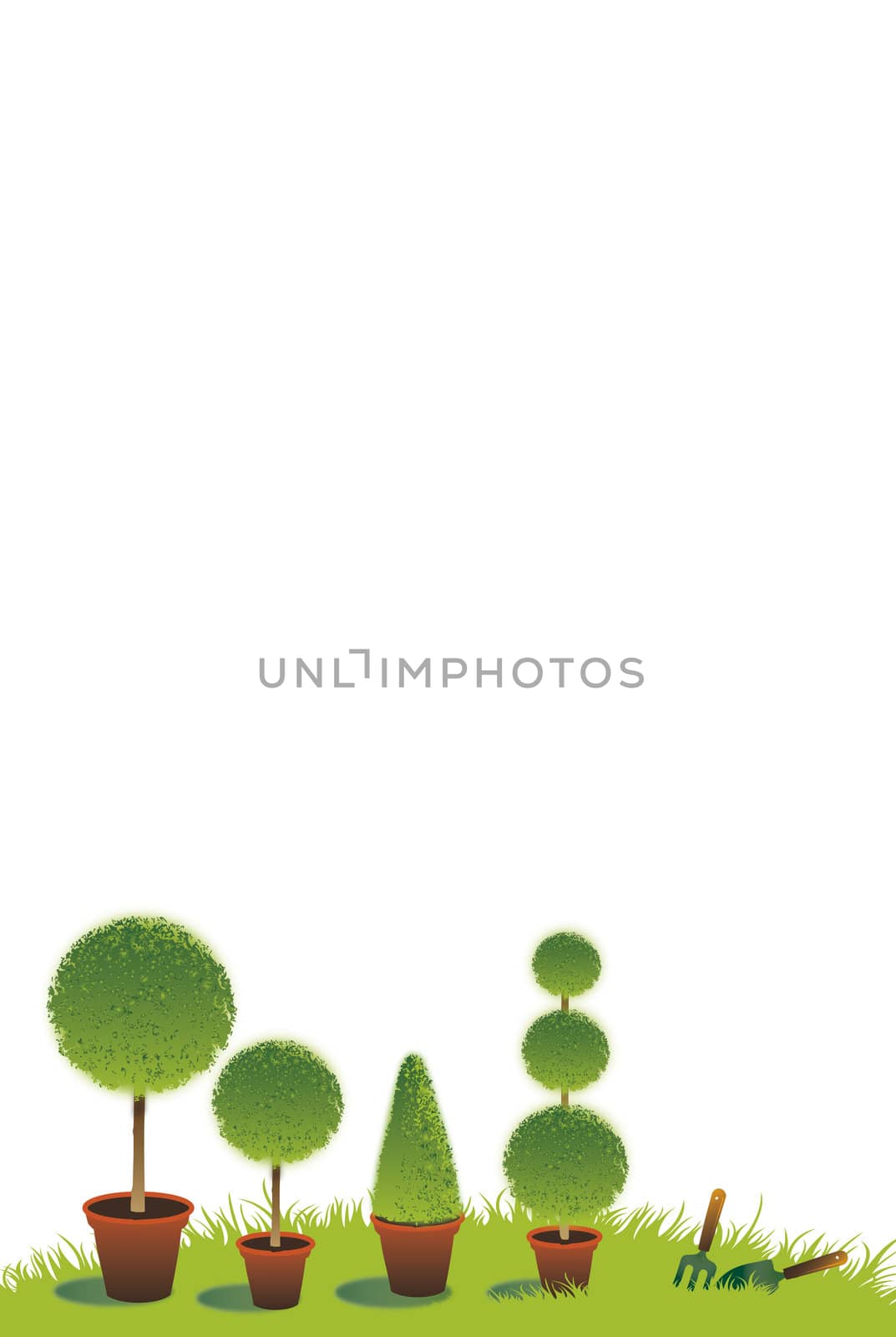 A garden themed freeze set at the base of a portrait format image with four potted topiary bushes set on a grass base with a garden fork and trowel.