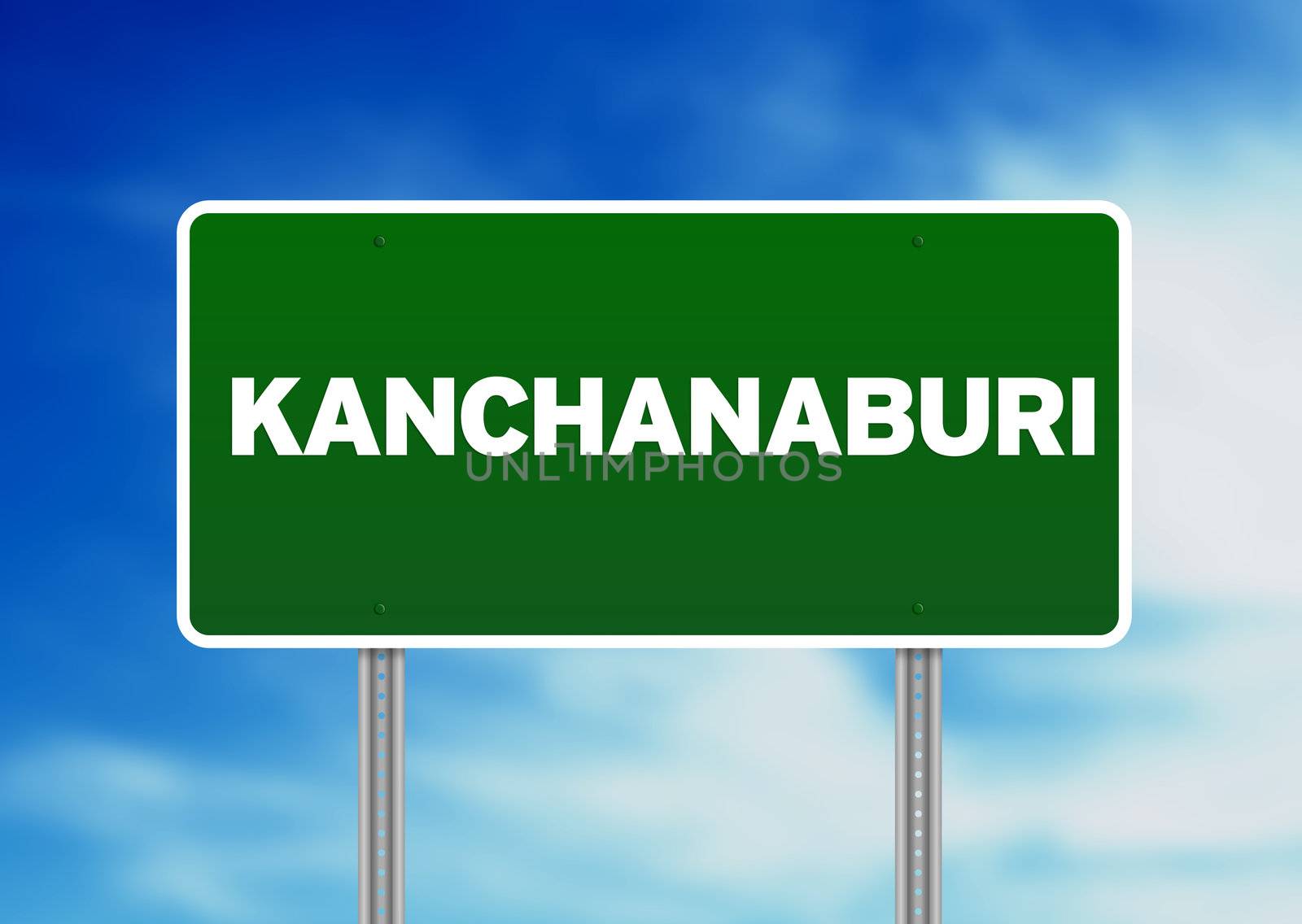Green Kanchanaburi, Thailand road sign on Cloud Background. 