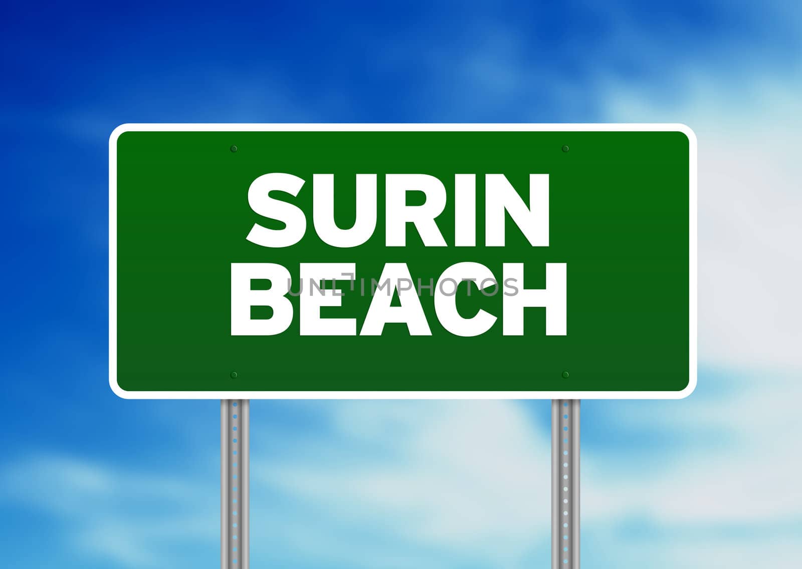 Green Surin Beach, Thailand road sign on Cloud Background. 