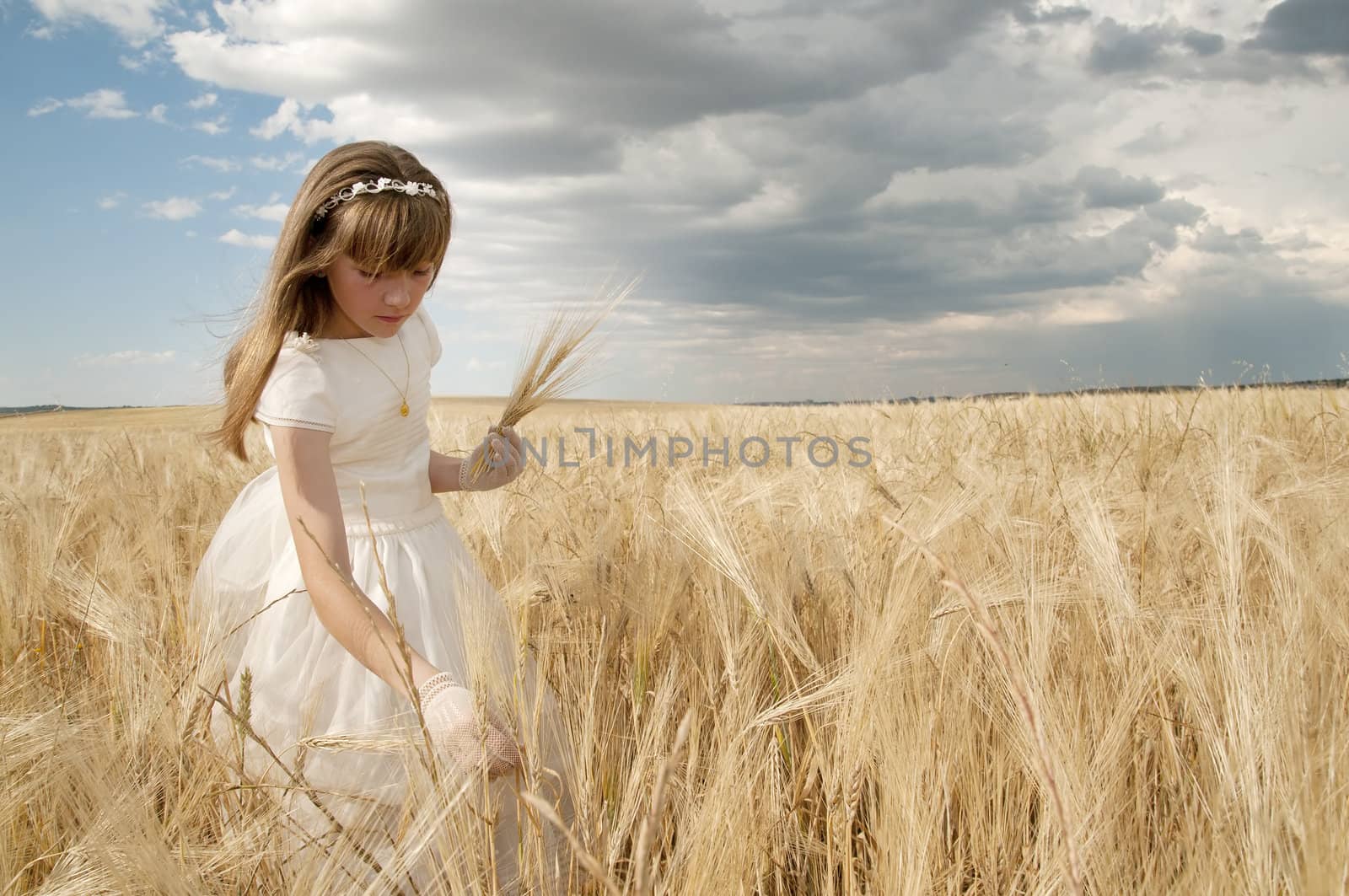 communion dress girl in the field