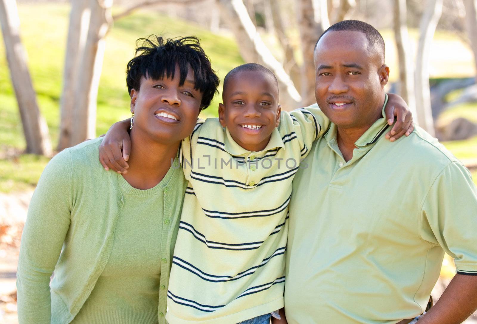 Happy African American Man, Woman and Child Having Fun in the Park.