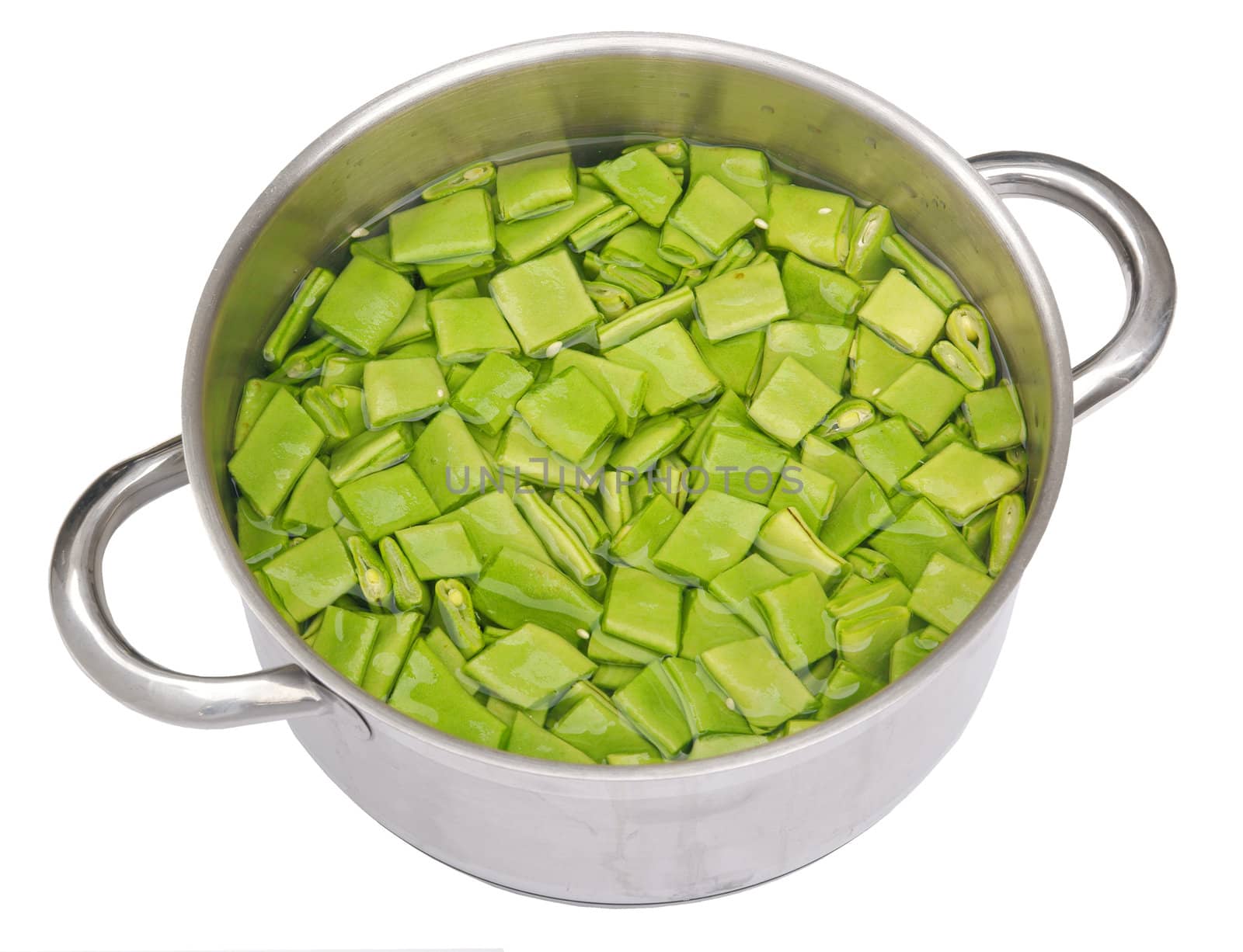 Pan with string beans, isolated on background