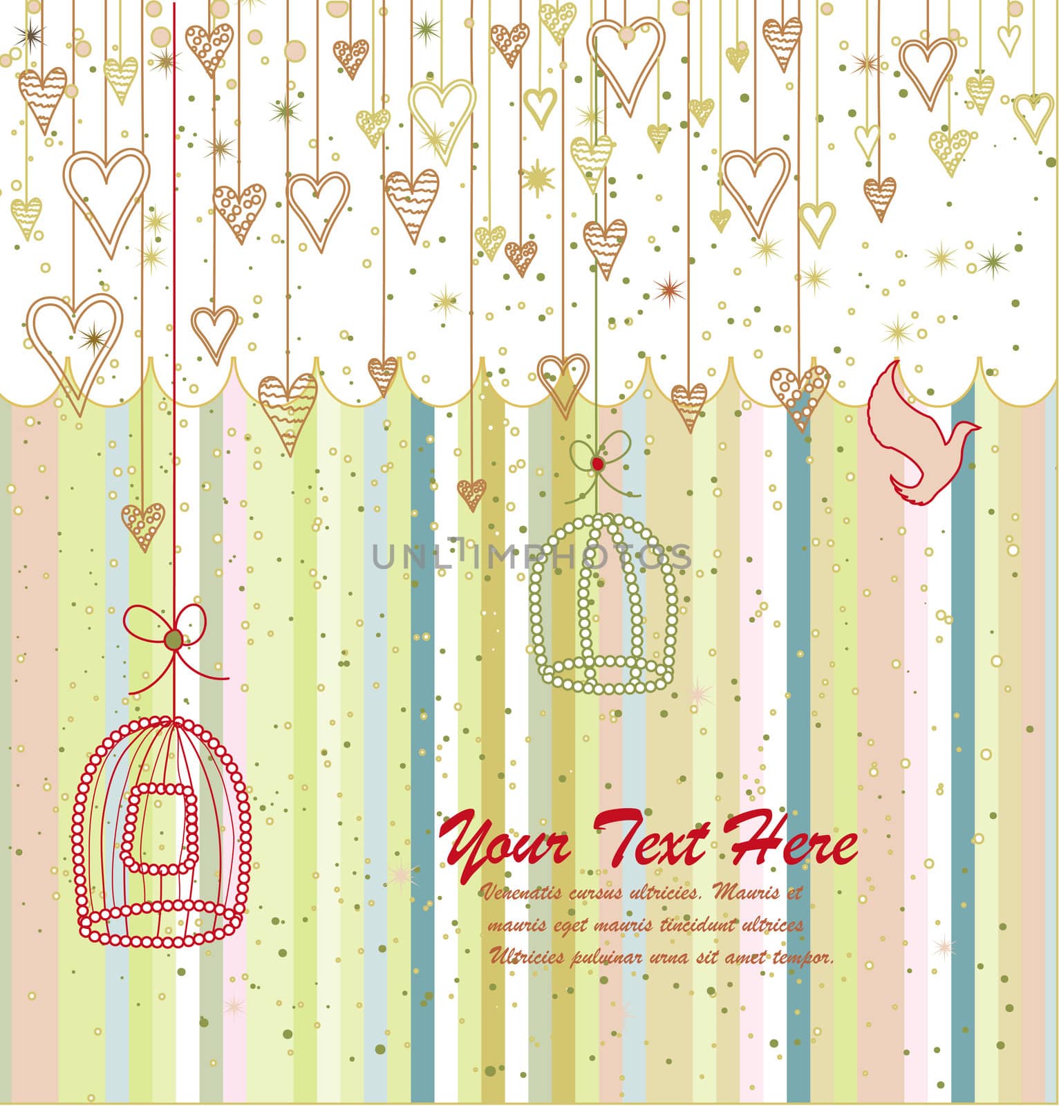 Cute Valentines Day card with a bird flying out of a cage. Can also be used as a celebration card for other occasions, for example as a welcoming card for the new baby. The vectorfile is easy to edit with objects grouped logically.