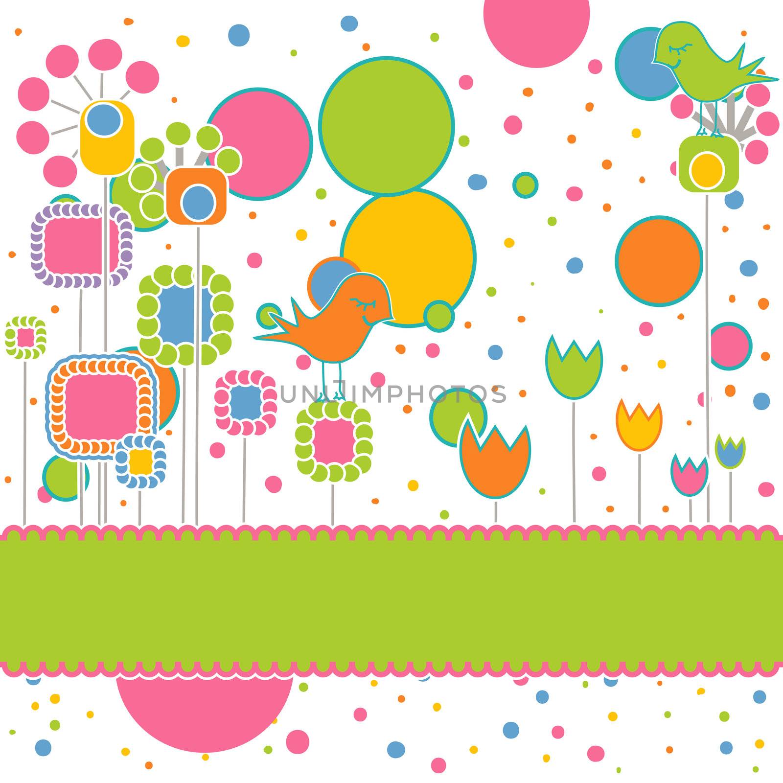Floral Colorful Card with Two Cute Birds. Put Your Peronalised Text on the Banner.