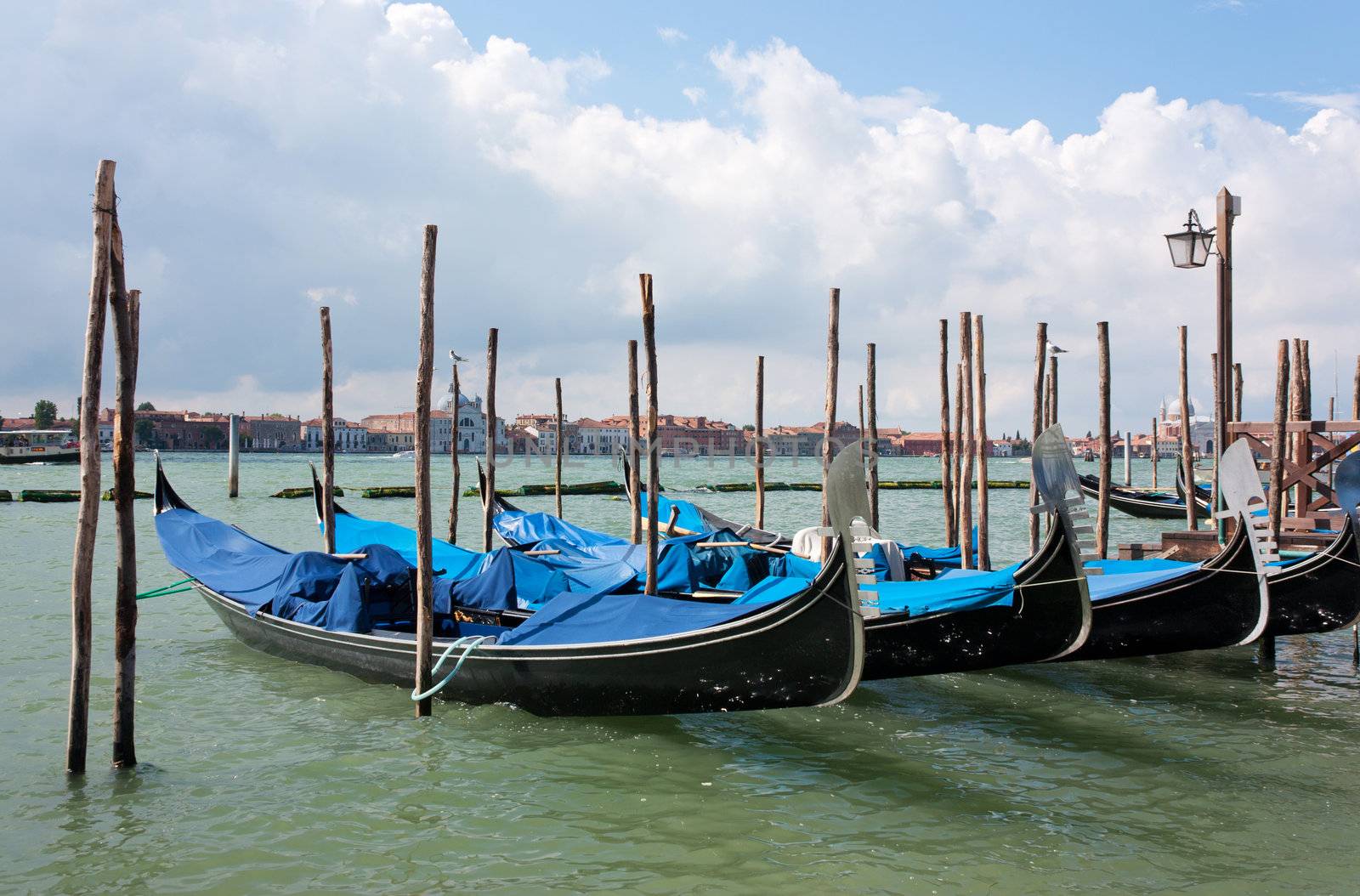Parked gondolas in Venice, Italy, Europe