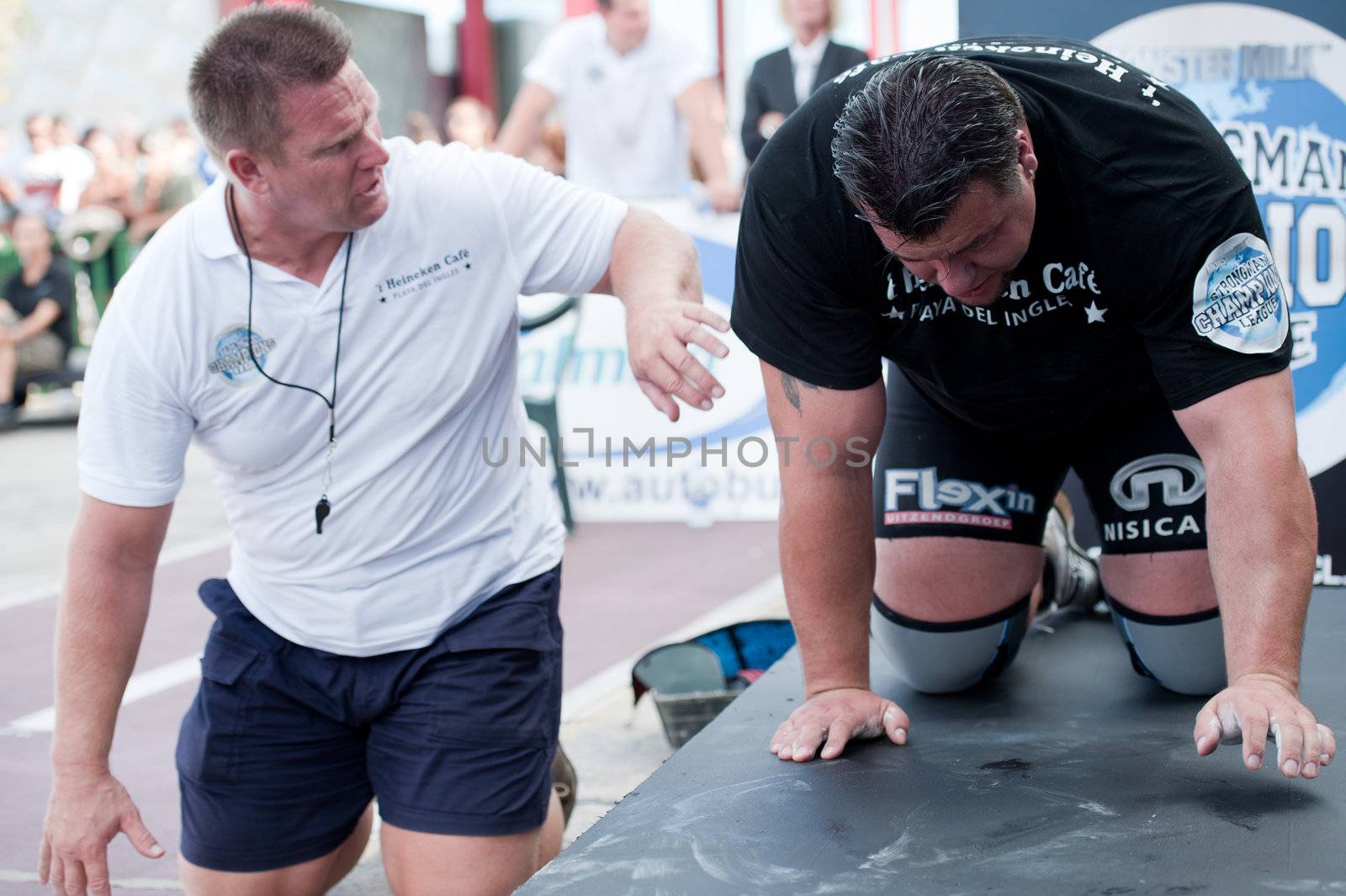 CANARY ISLANDS–SEPTEMBER 03:Arno Hams from Holland got injured during Strongman Champions League in Las Palmas September 03, 2011 in Canary Islands, Spain
