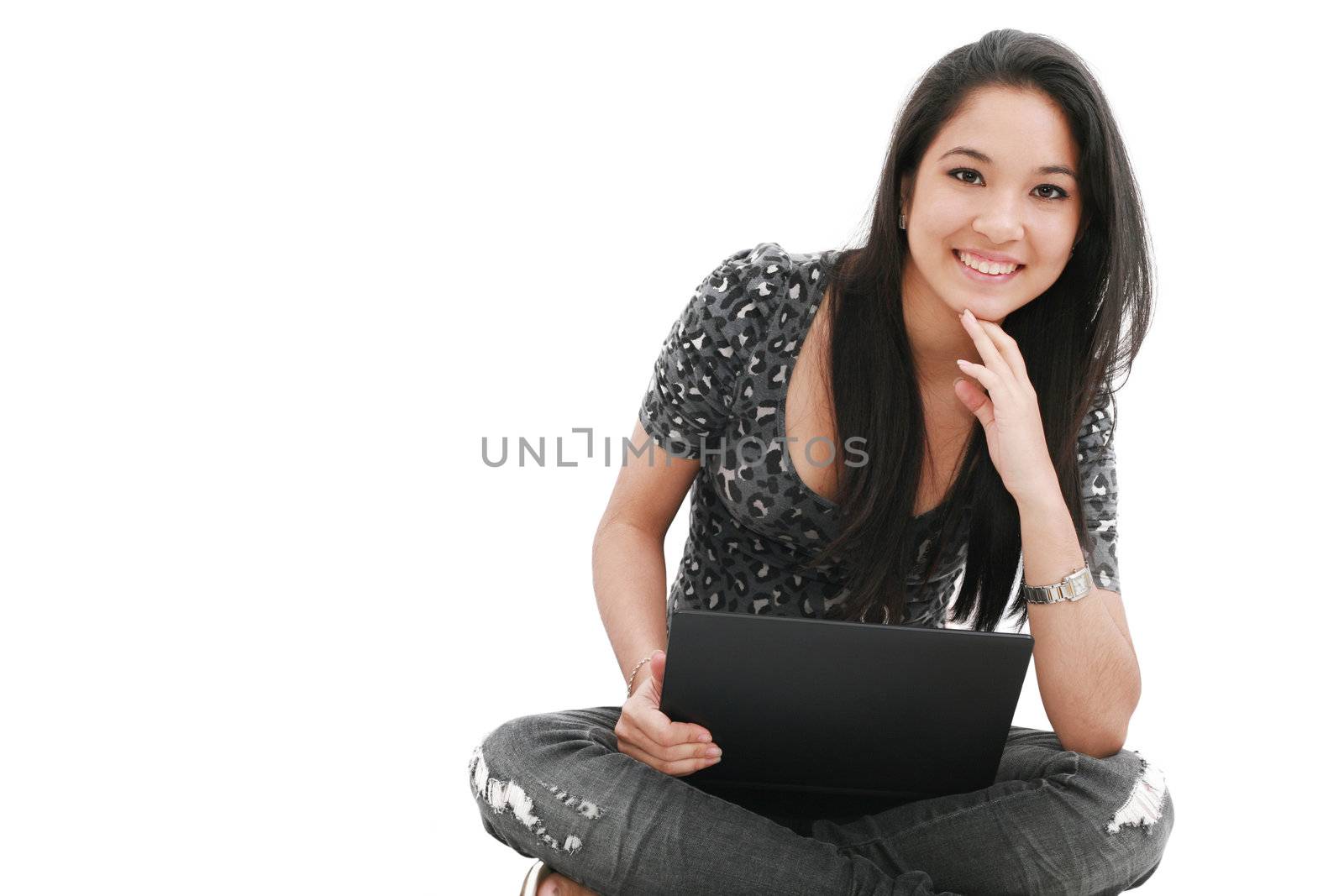 happy young beautiful woman with laptop by dacasdo