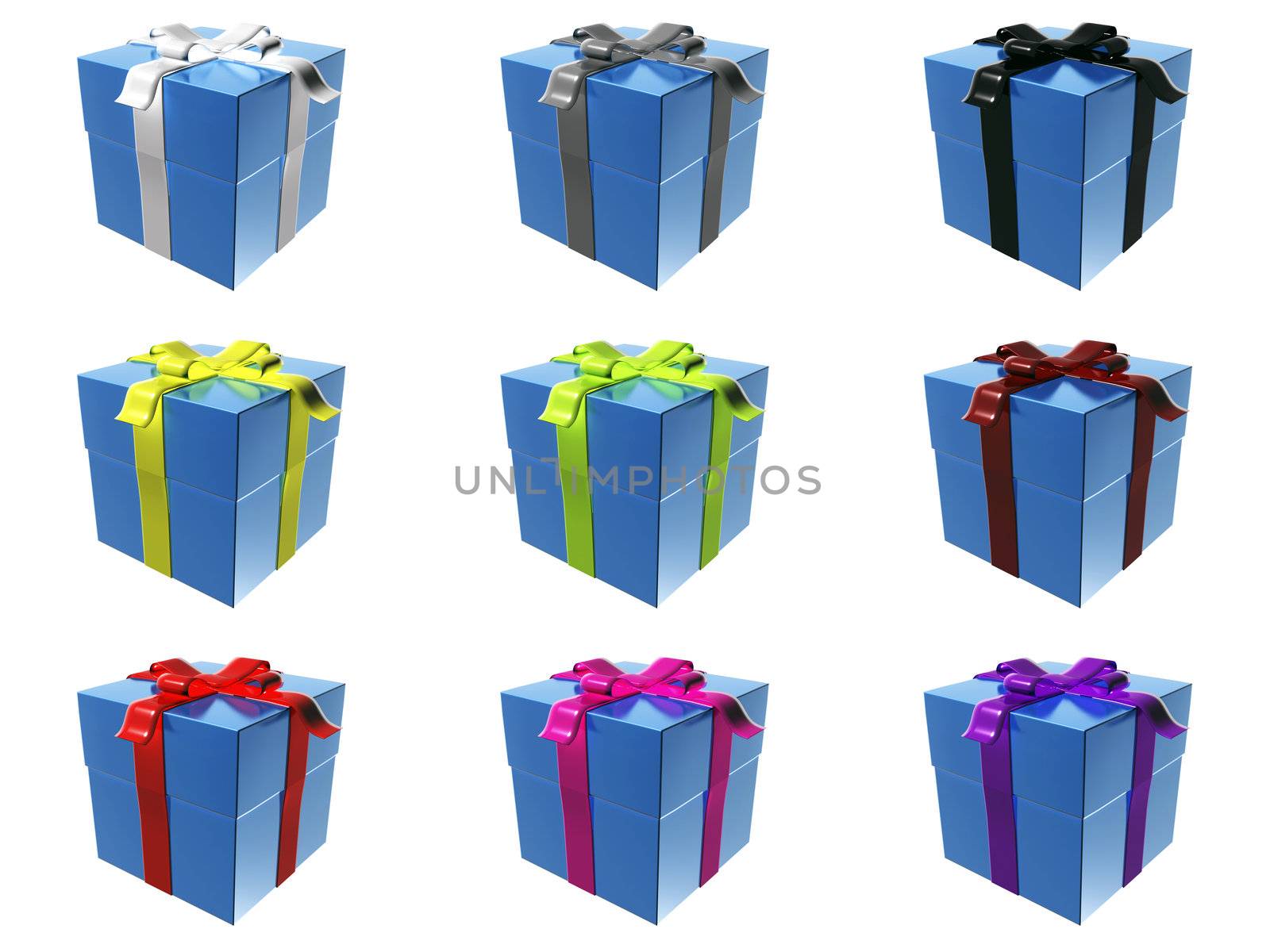 9 blue gift boxes with different ribbon colors