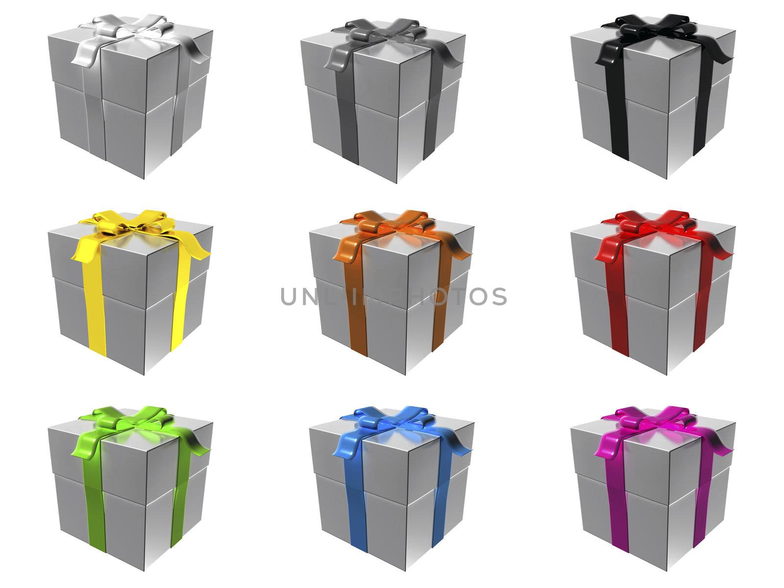 9 silver gift boxes with different ribbon colors