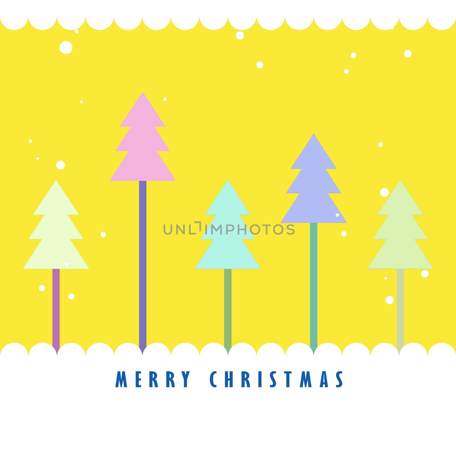 Fancy Christmas tree with snow and yellow color background