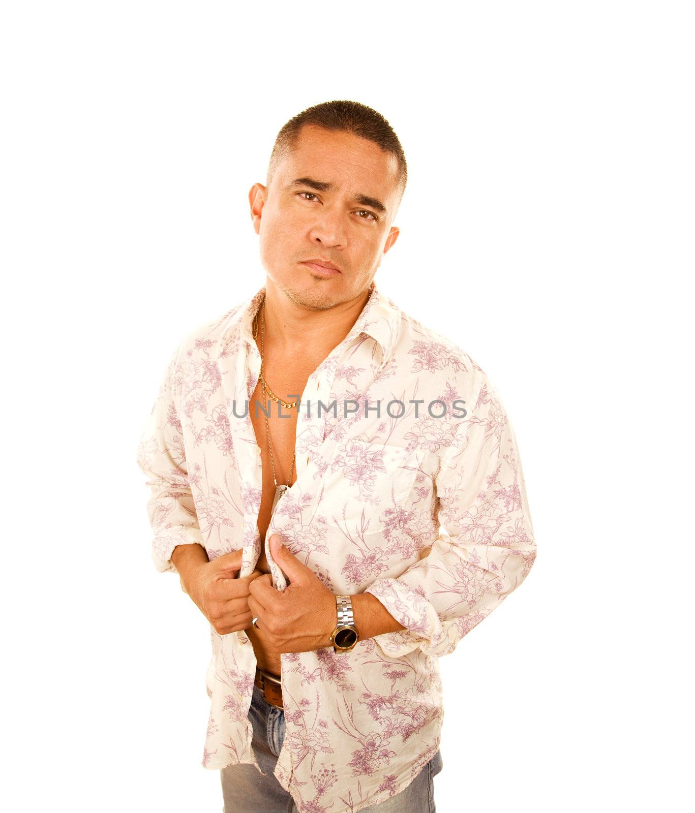 Handsome Latino man with jeans and open shirt