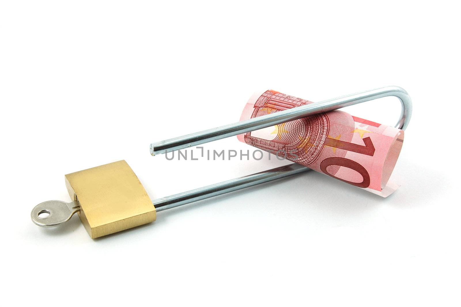 padlock with money isolated on a white background