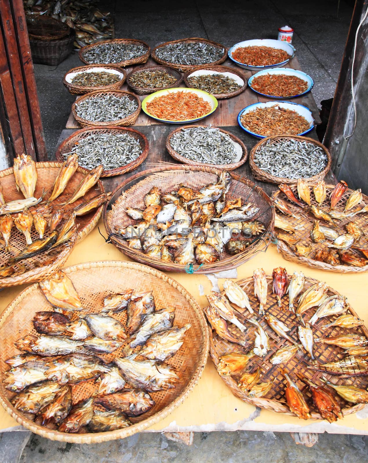 dry fishes sold in a Chinese minority village best known in the movie Furongzhen