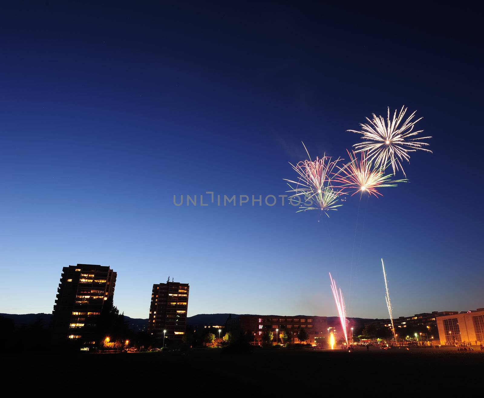 Firework bursts in the night sky, over a town. Space for text in the sky.