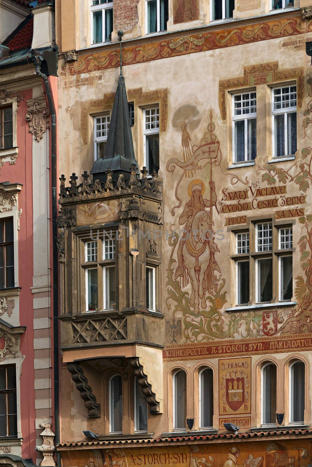 Exterior painting of historic houses in Prague in the Old Town Square.