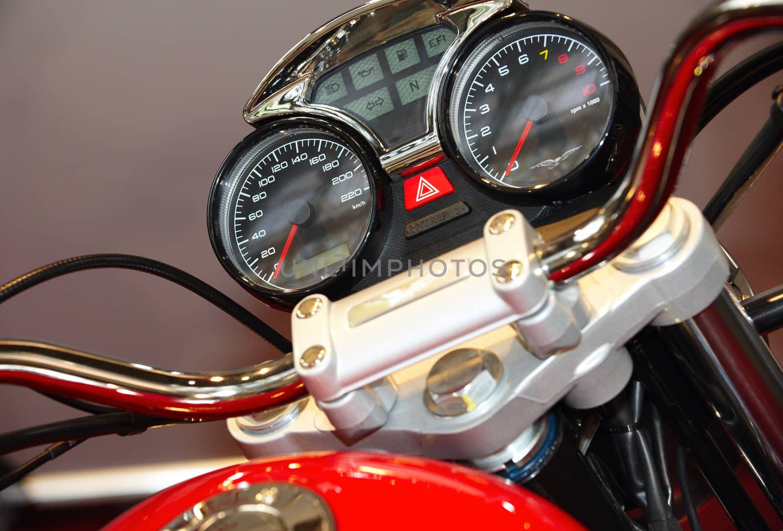 Detail of the sports motorcycle. Speedometer and tachometer Closeup.