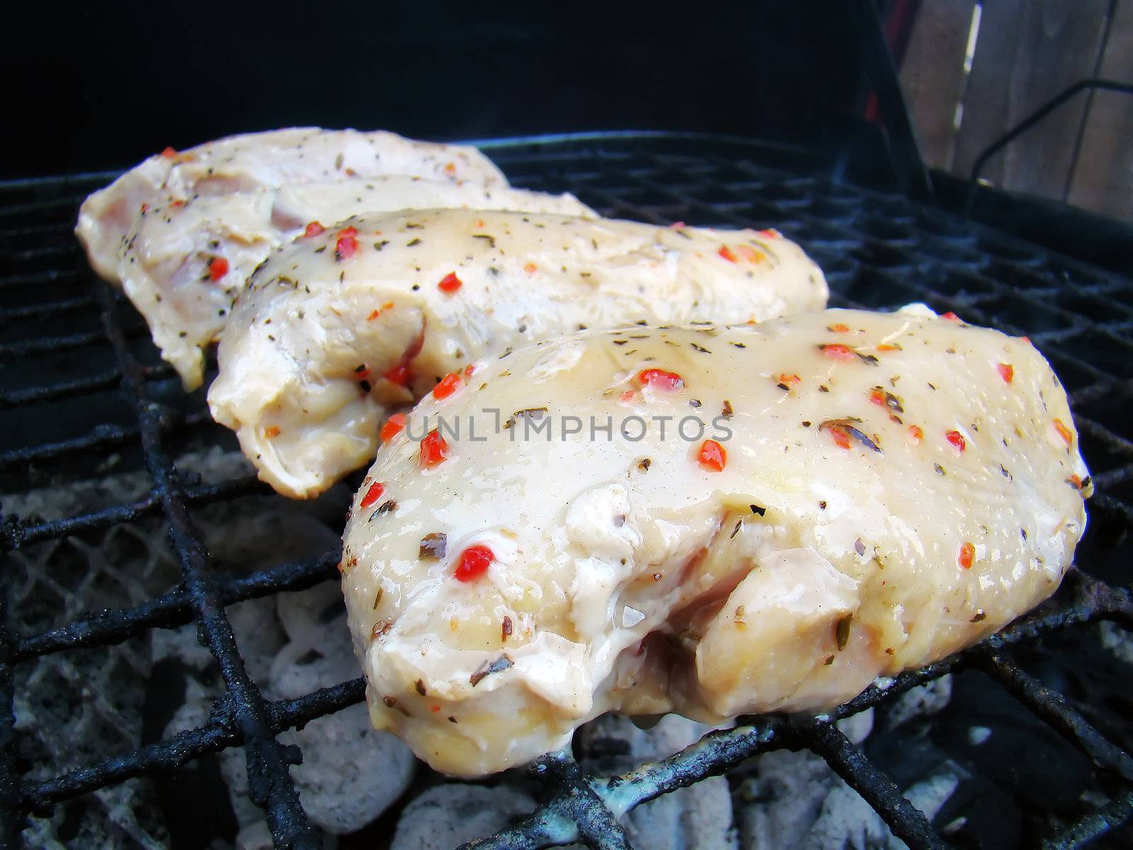 raw, seasoned chicken on the grill