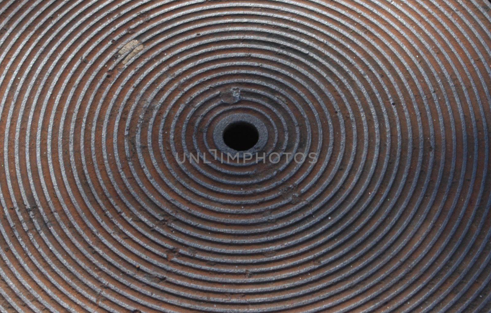 spiral manhole cover seen up close and making an interesting pattern