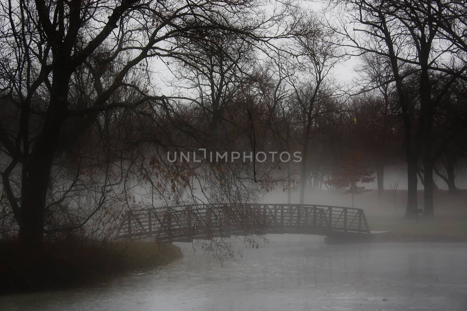 fog hovers over a bridge in a park on a cool afternoon