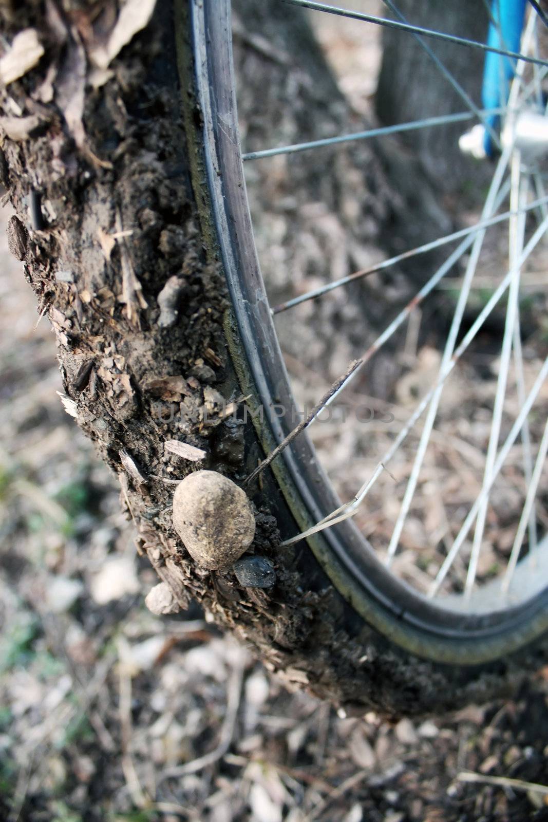 thick mud and rocks, stuck to a bike tire