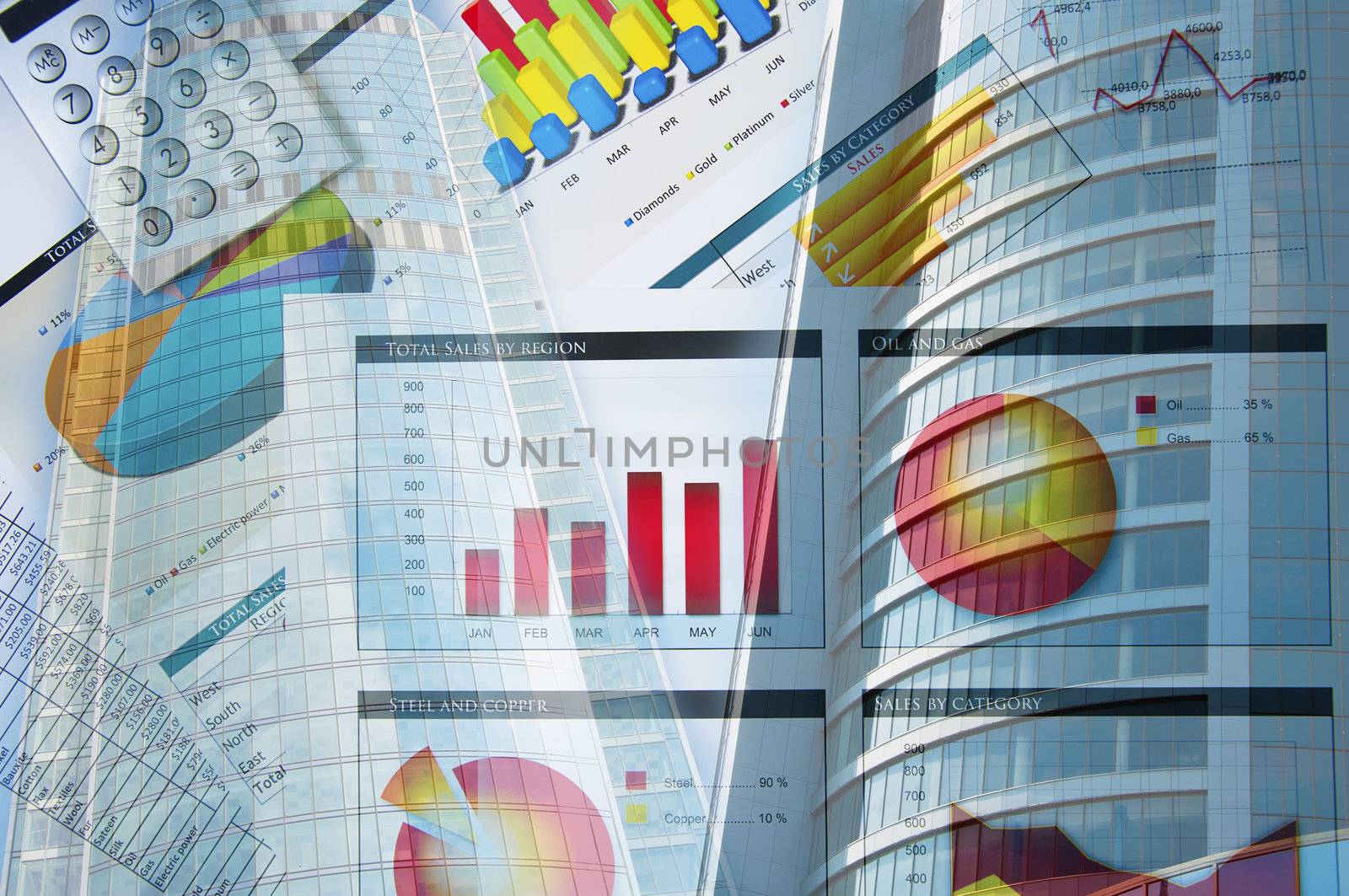 Office building and finance charts, business collage