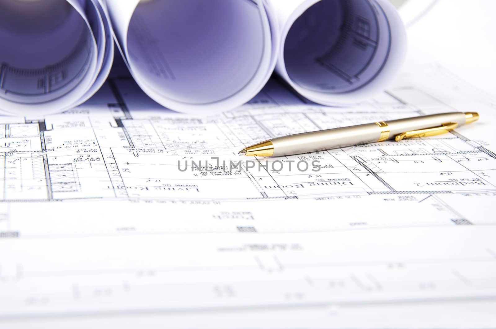 Construction plans, ball pen, business collage, paperwork