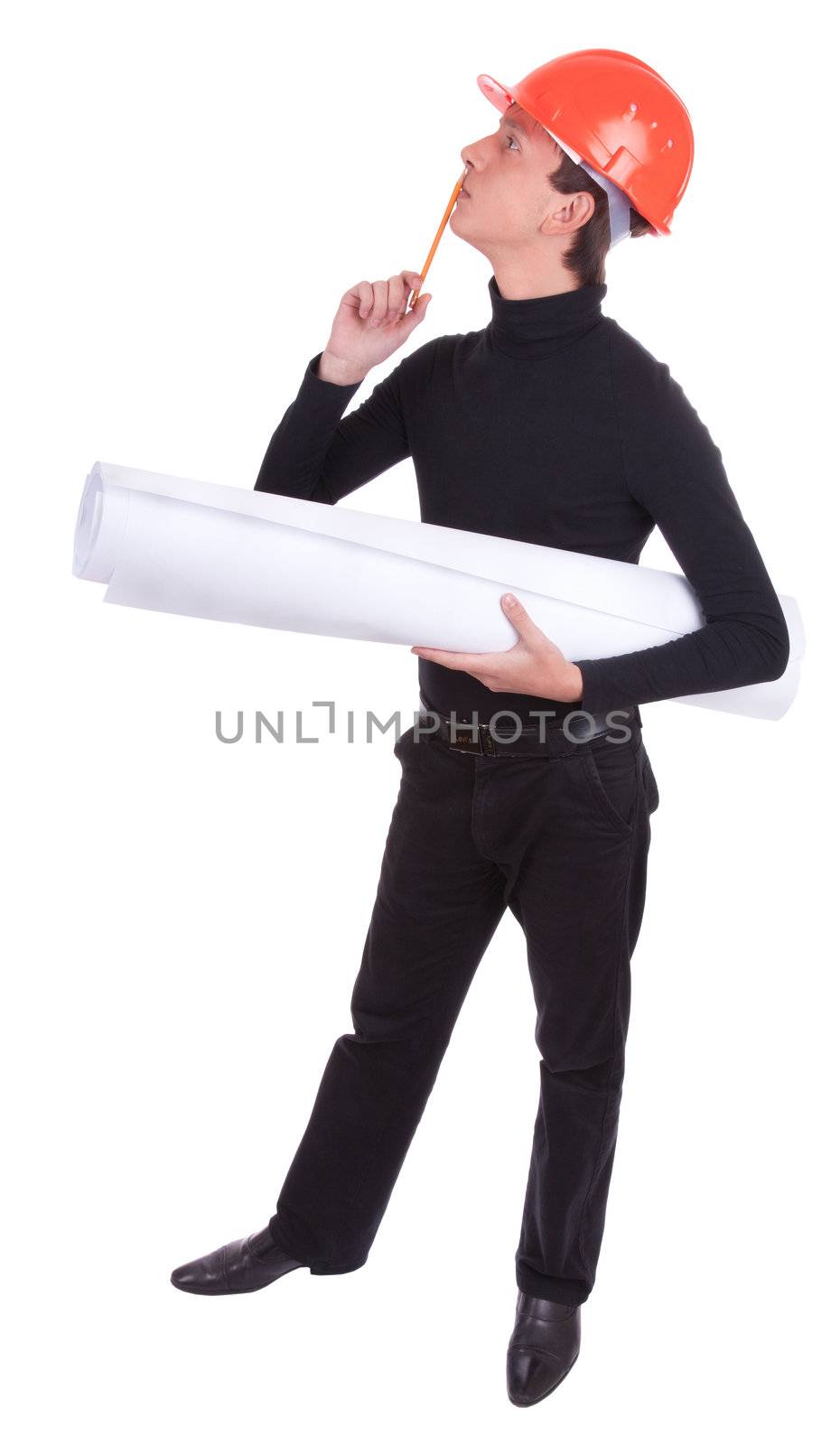 portrait of a young engineer  on white background