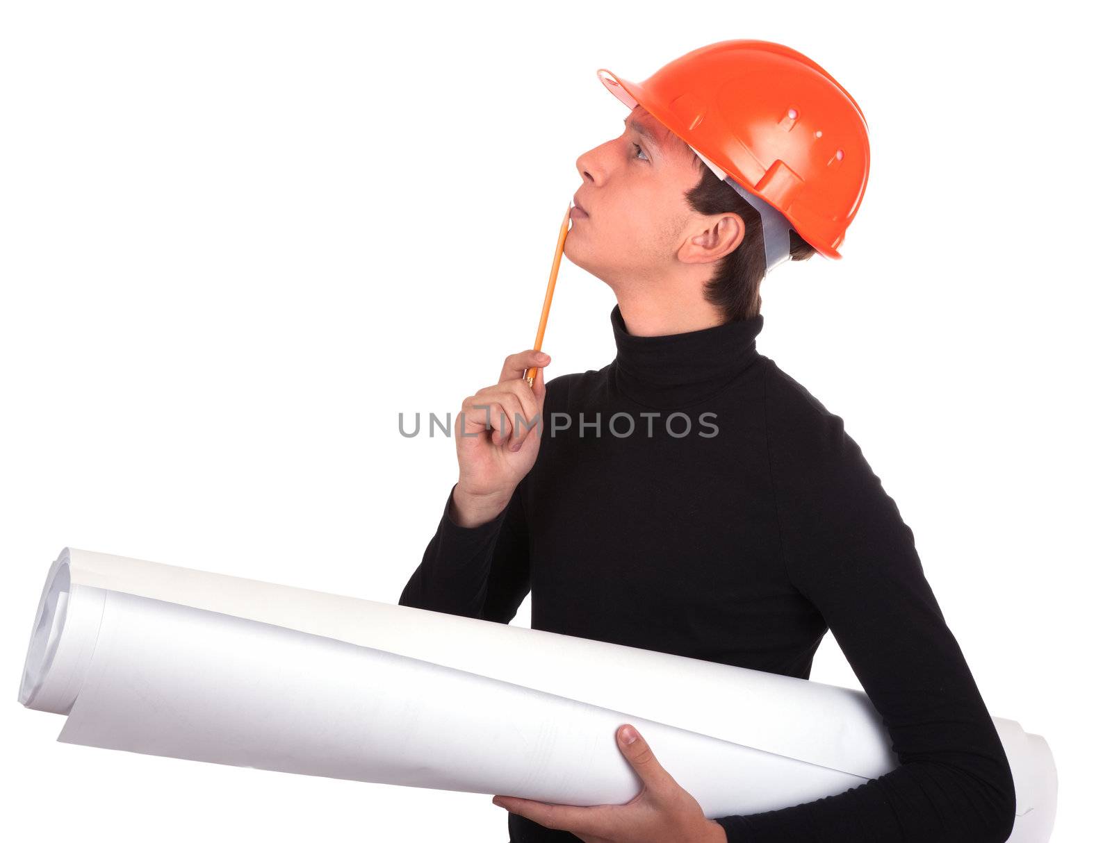 portrait of a young engineer  on white background
