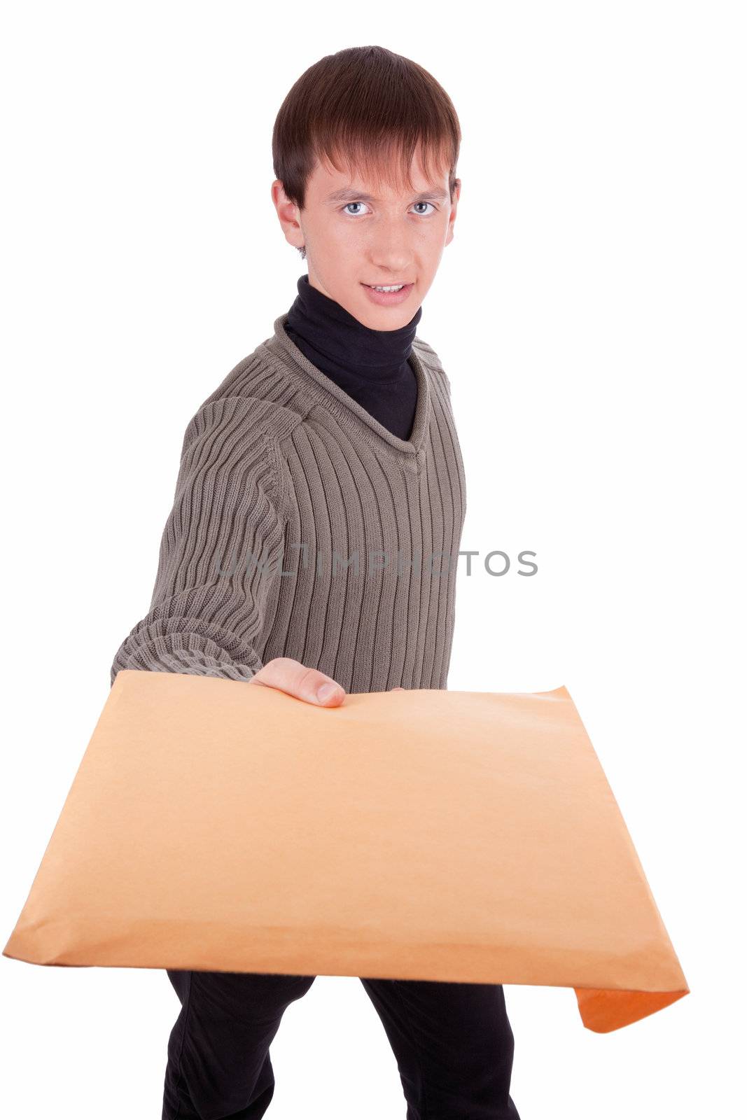 teenager - courier with a package (letter)  on white