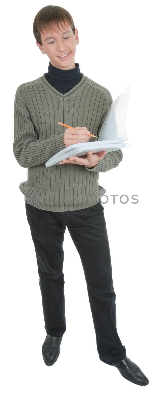 young student with folders  on white background