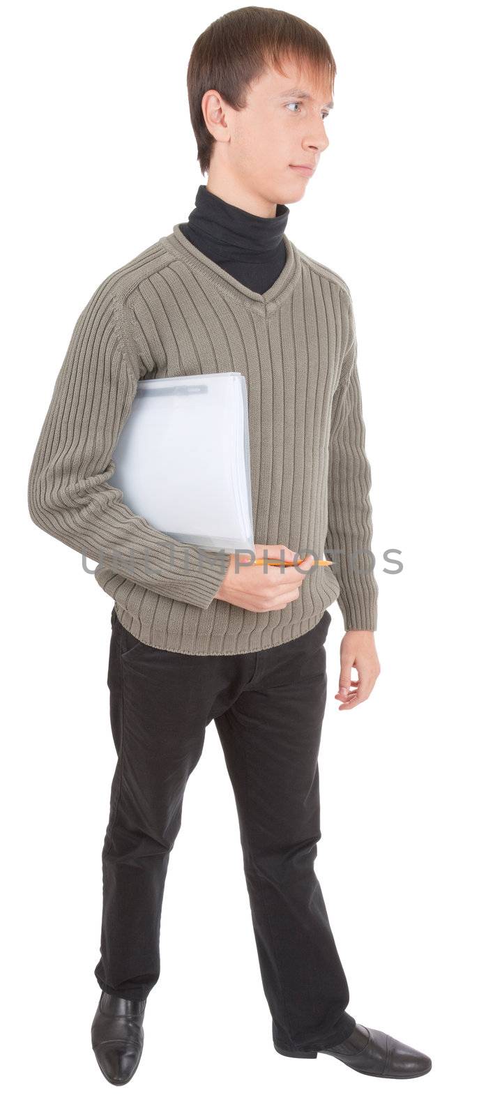 young student with folders  on white background