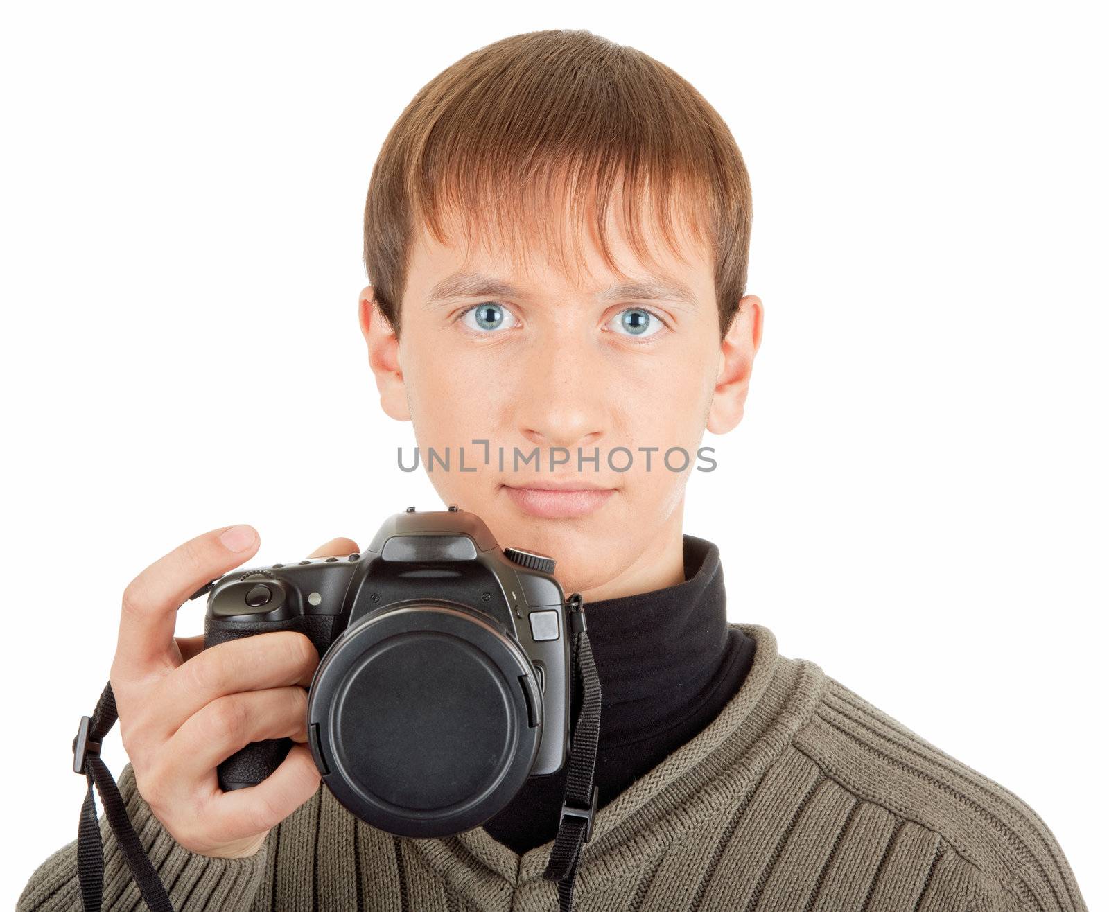 photographer with a photocamera close up on white background