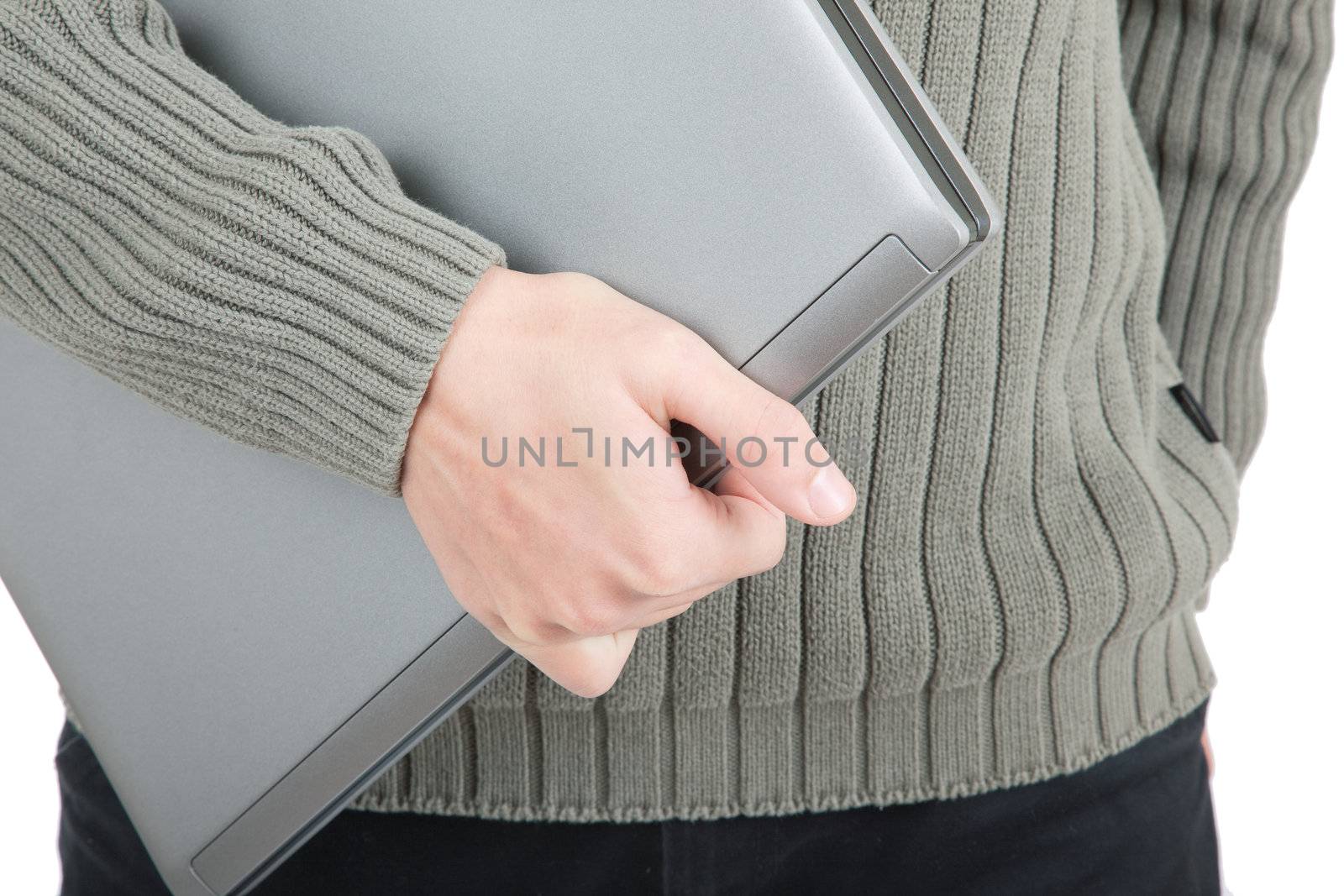 young man  handing  laptop on white background