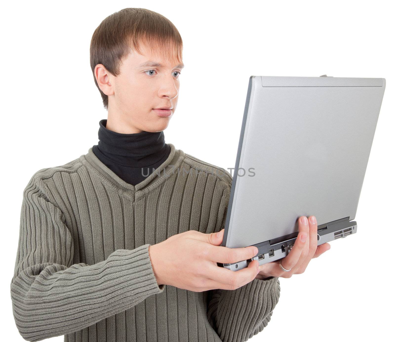 young man  handing  laptop on white background