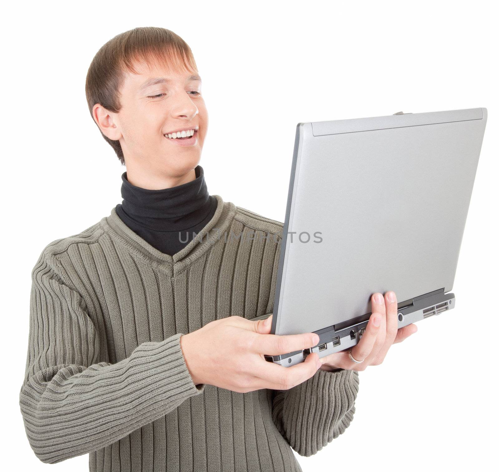 young man  handing  laptop on white background