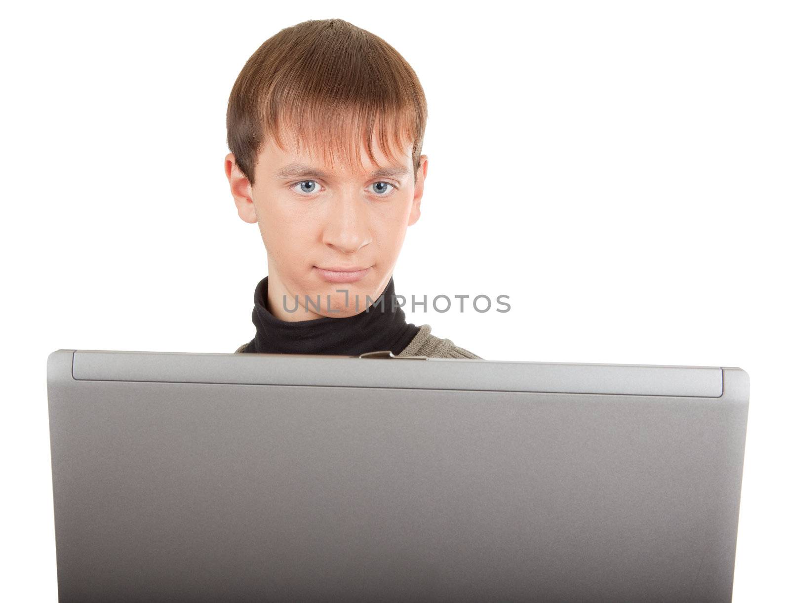 young man  handing  laptop on white background