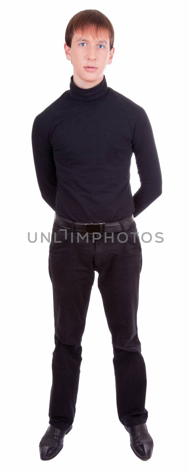 young man  in black on white background