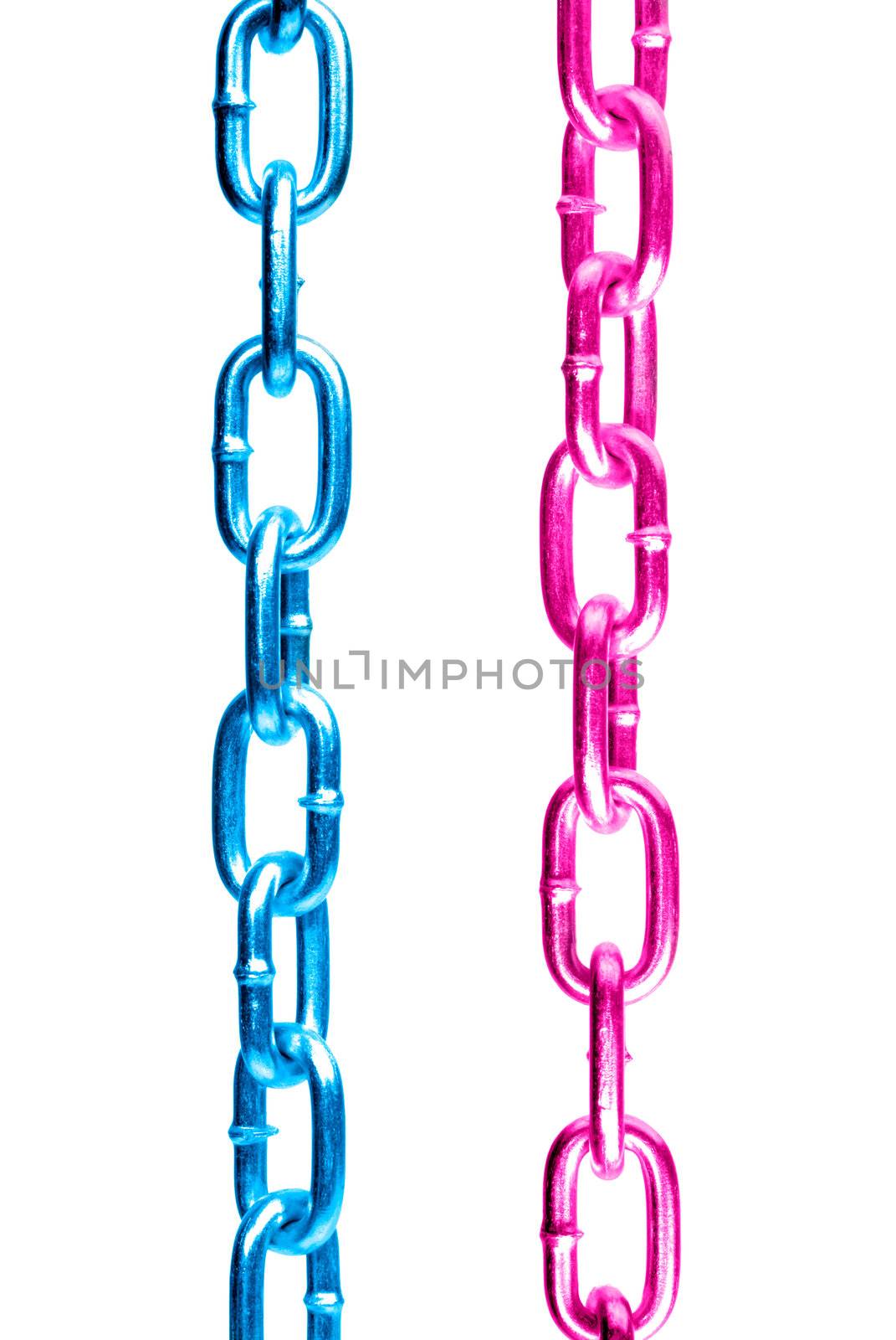 Blue and pink steel chains isolated over white background.