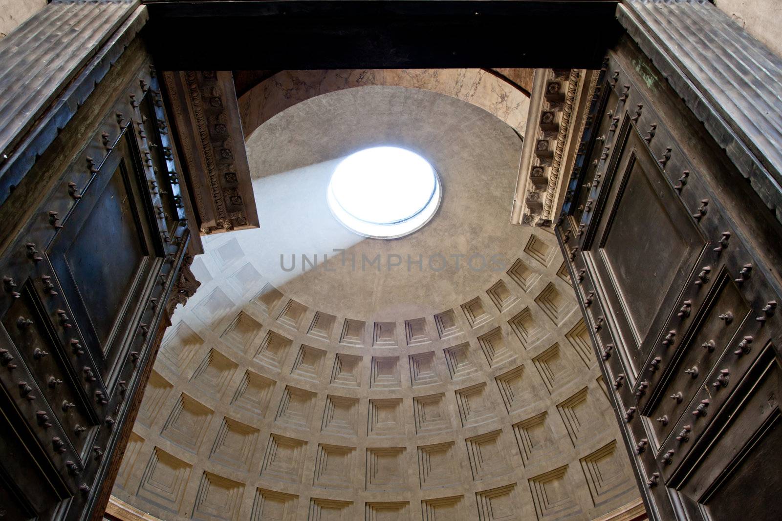 Interior of Rome Pantheon with the famous ray of light from the top