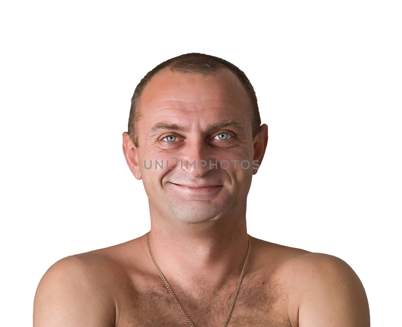Portrait of the man with a naked torso  on white background by DrVIB