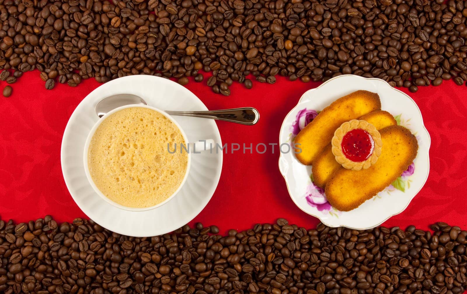 coffee cup from above with coffee beans