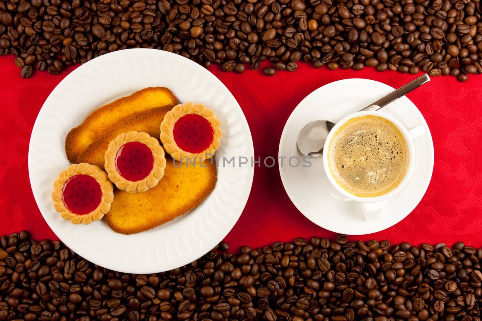 coffee cup from above with coffee beans